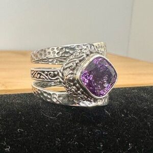 New SARDA Artisan of Bali Hammered Sterling Silver Amethyst Adjustable Ring; 10